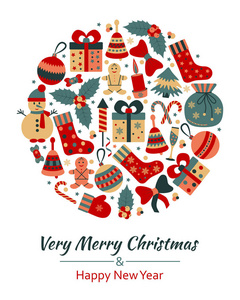 圣诞贺卡与文本非常愉快的圣诞节和许多冬季涂鸦玩具。圆的形状。矢量图