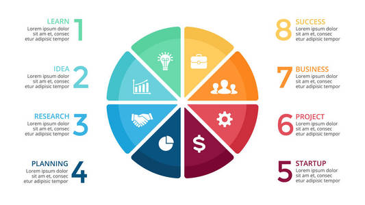 矢量圆圈箭头图 循环图 图 演示文稿图表。经营理念与 8 选项 配件 步骤 流程