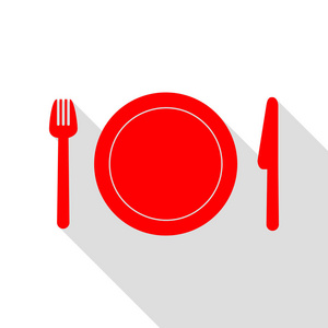 叉 板和刀。红色图标与平面样式阴影路径