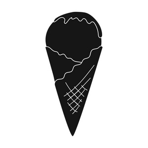冰激淋上孤立的白色背景上的黑色风格的华夫格锥图标。牛奶产品和甜象征股票矢量图