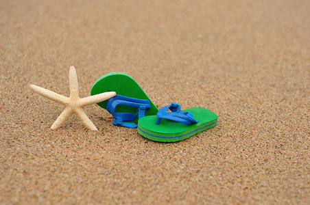 绿色和蓝色拖鞋与星鱼在沙滩上
