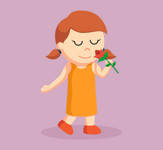 小女孩嗅到玫瑰一朵