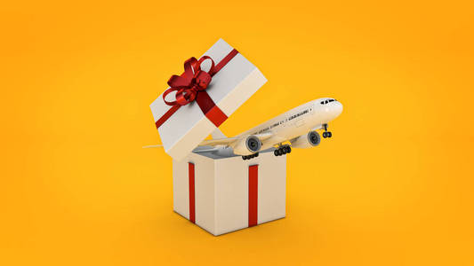 飞机。礼物盒概念。3d 渲染