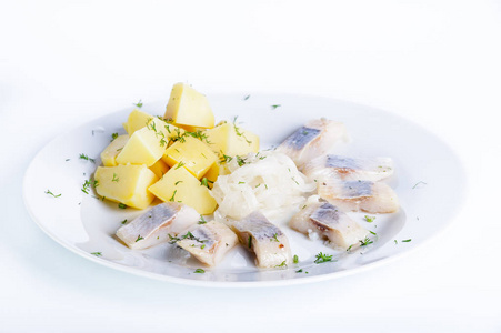用水煮的土豆，洋葱和香草白色背景上的鲱鱼
