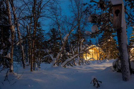 冬季蓝蓝的夜景观，温暖的木房子