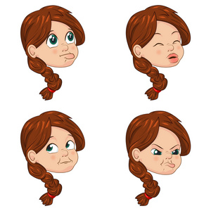 矢量图设置的可爱小女孩面孔表现出不同的情绪