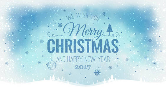 圣诞快乐，新年印刷上光雪背景与冬季景观与雪花，光，星星。矢量图。圣诞卡片