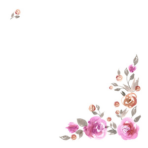 可爱的水彩花边框。用粉红玫瑰背景