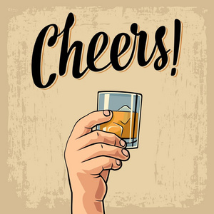 男手拿着一杯威士忌.复古矢量版画插图标签 海报 派对邀请照片