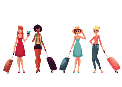 年轻的时尚女性，带着行李 手提箱旅行的女孩