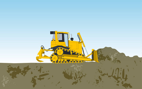 黄色的大挖掘机建立道路挖掘的洞，地面工程。施工机械及地面工程