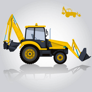 白色背景上的黄色大型挖掘机。施工机械及地面工程