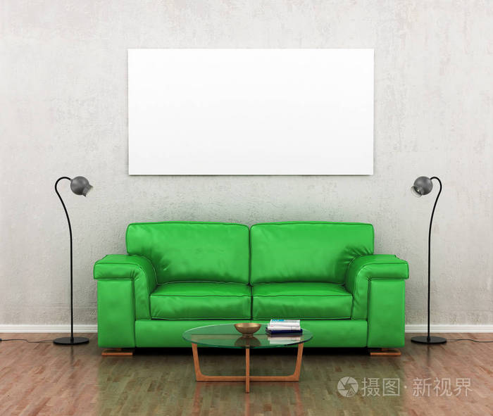灰色绿色沙发旁边墙上的空白图片。阁楼麦粒肿