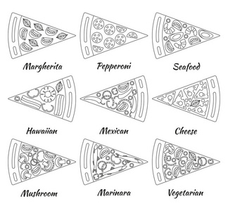 九件热可口美味的比萨的线条样式。矢量图
