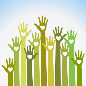 绿色黄色多彩关心起手的心矢量标志。志愿者的心举起手来矢量徽。矢量手图标插画。教育 卫生保健 医疗 志愿者，投票设计元素