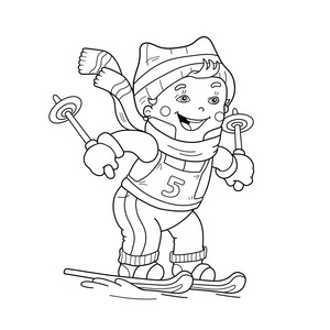 着色页大纲的卡通男孩骑在雪橇上。冬季运动项目。孩子们的图画书