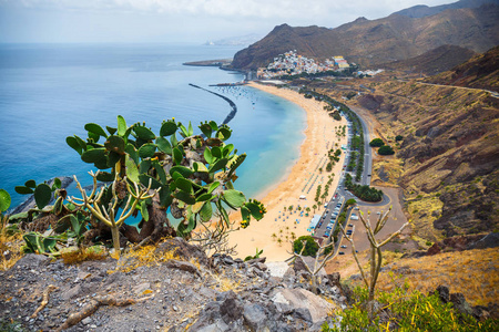 在附近圣克鲁兹 特内里费岛 加那利群岛 西班牙的 Teresitas 海滩上鸟瞰图