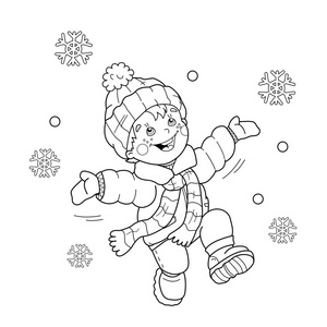 着色页大纲的卡通男孩欢跳起来。第一场雪。冬天。孩子们的图画书