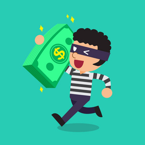 卡通一位小偷扛大钱堆栈一个网络小偷正在用鱼竿从电话里偷钱.