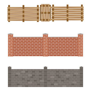 不同设计的围墙和大门的孤立矢量