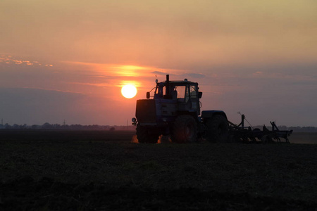 拖拉机在夕阳下犁地.日落背景上的拖拉机剪影。