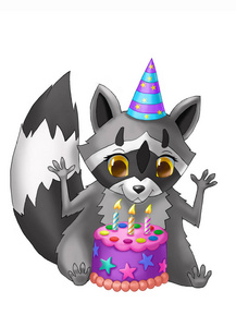 浣熊与一个生日蛋糕。庆祝生日快乐