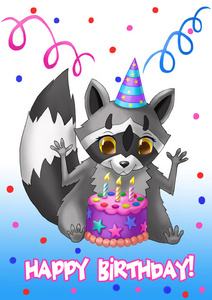 快乐的生日卡片浣熊与蛋糕