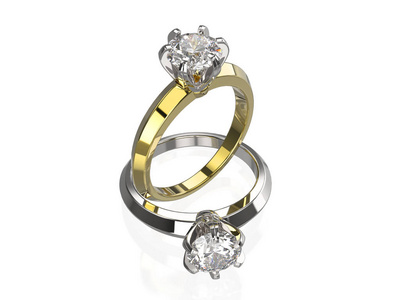 3d 插图两金银戒指与白色背景上的钻石