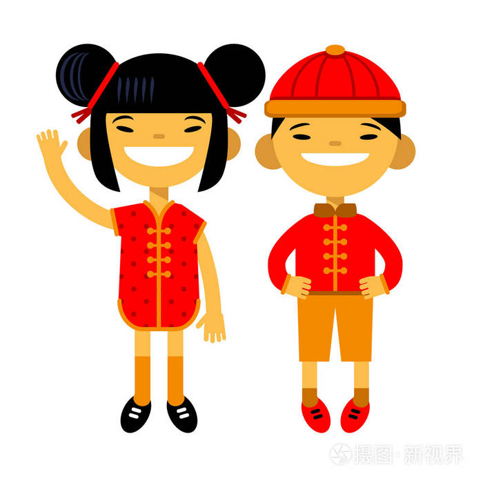 卡通明星夫妇 字符 亚洲男孩和女孩在白色背景上的传统服装。中国新的一年。矢量图的平面设计