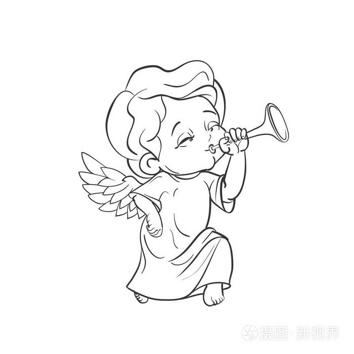 可爱的小宝贝天使制作音乐吹小号插画-正版商用图片0w7ues-摄图新视界
