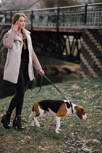 年轻的时髦女孩与她的宠物爱沙尼亚猎犬狗玩，开心户外公园里