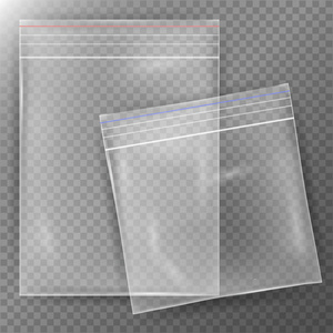 透明的塑料袋。设置现实尼龙图标背景。密封空透明拉链袋关闭。小样模板为您的设计。矢量图