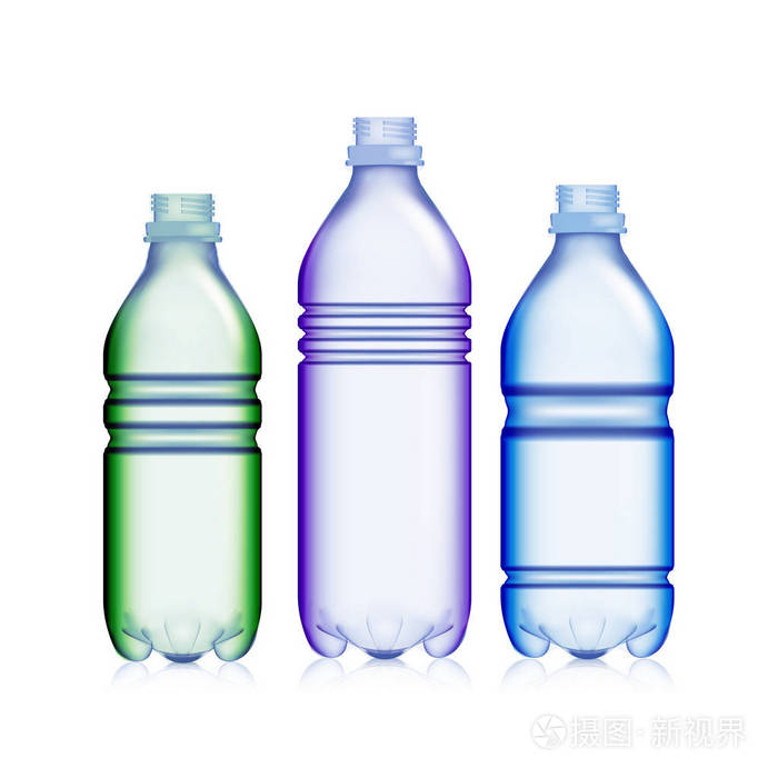 空的透明瓶子设置现实的空白塑料蓝色和绿色汽水瓶为您设计的模拟矢量