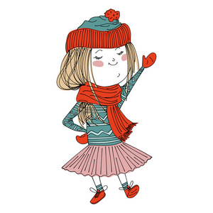 可爱的卡通女孩穿着温暖的冬天的衣服