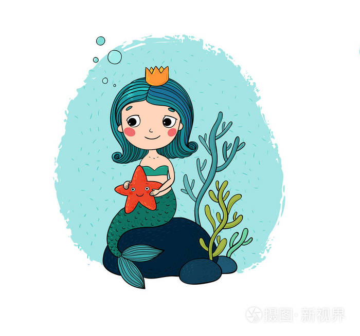 美丽的小美人鱼,跟坐在一块石头上的海星