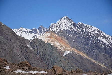 景观的山 谷 雪和在智利火山