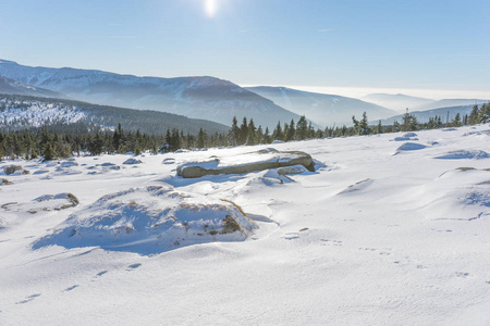 太阳照在雪覆盖巨人山脉