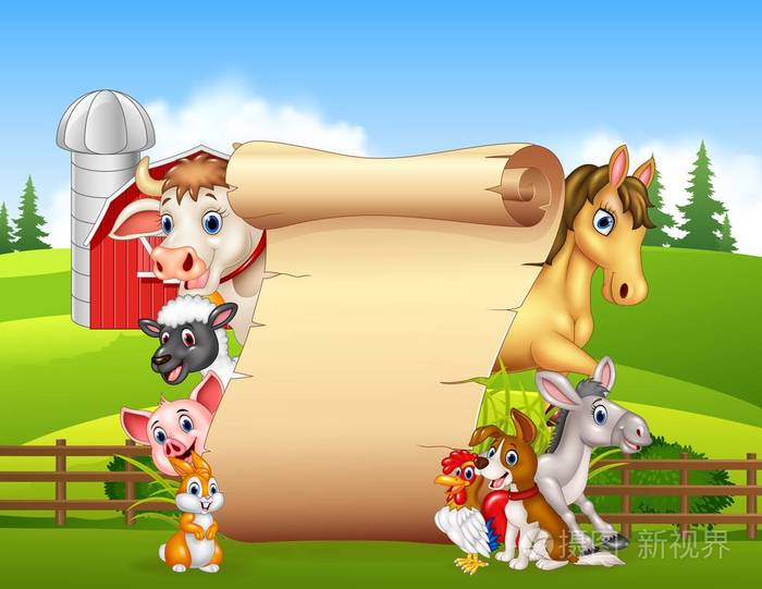 卡通搞笑农场动物与空白符号