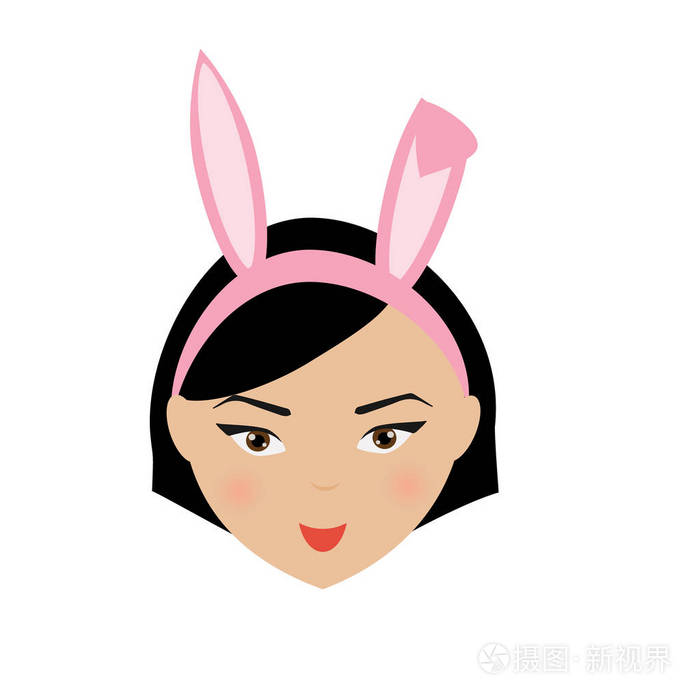 可爱小女孩微笑着与小兔子耳朵表情符号.