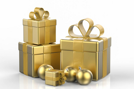 堆金礼品盒和金色圣诞球