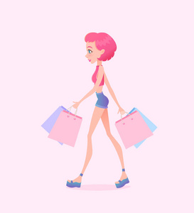 年轻的时髦女孩去街上购物袋。矢量图。设计模板