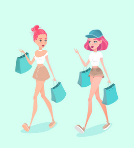 两个年轻时髦的女孩走在街上，与购物袋和彼此交谈。矢量图