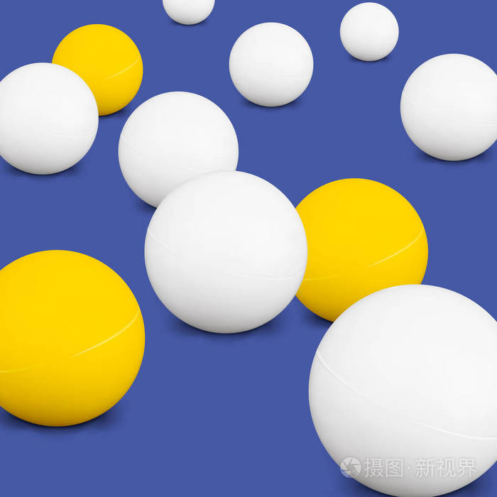 乒乓球。白色和黄色 3d 绿色的球和在蓝色背景上的影子。最受欢迎的游戏乒乓球的东西。矢量图