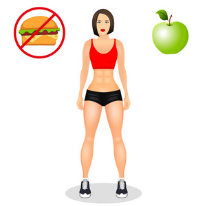 与合适的女人在运动服的健身理念。肌肉模型卡通女孩。有用的和有害的食物。孤立在白色背景上的矢量图