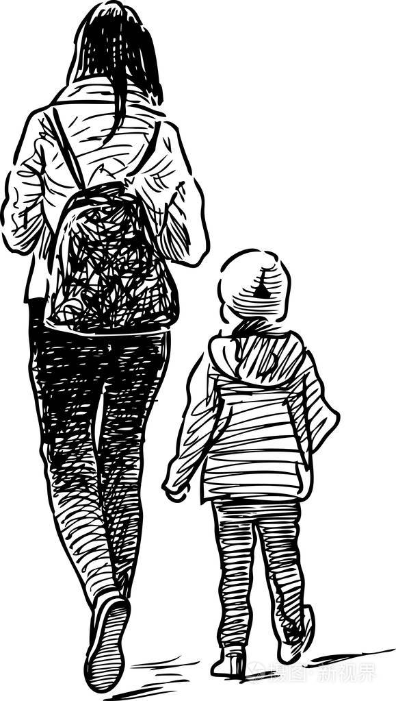 素描的年轻妈妈和她的孩子
