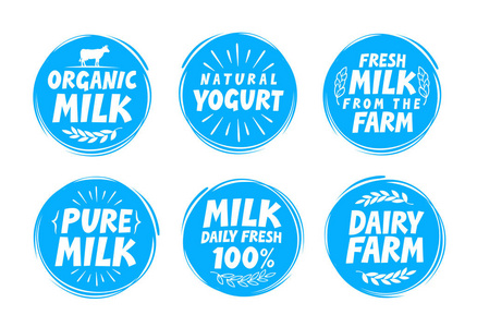 牛奶设置图标 标签 元素。食用奶制品会徽 模板 符号。矢量图