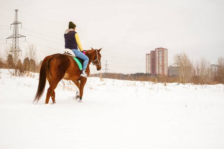 在冬天的衣服的女人正骑在一匹马，背景为白色的雪