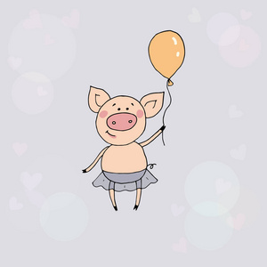 可爱小猪站与手中的气球