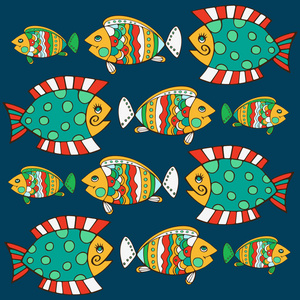 明亮的装饰鱼手绘制的矢量一组画得很流行的海鱼.