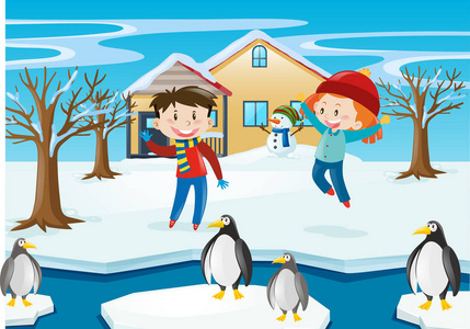 孩子们与企鹅的冬季残景